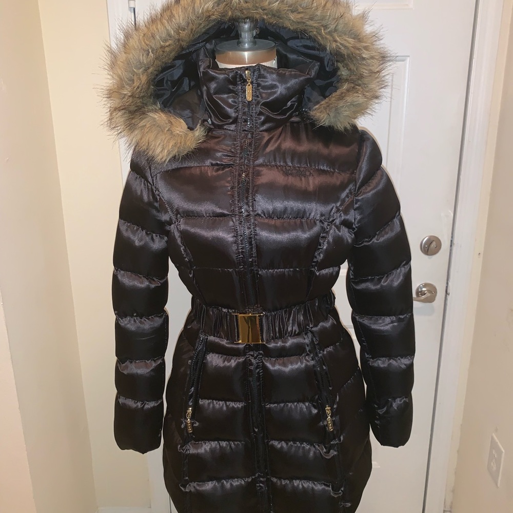 Black bubble coat with faux fur trim on hood